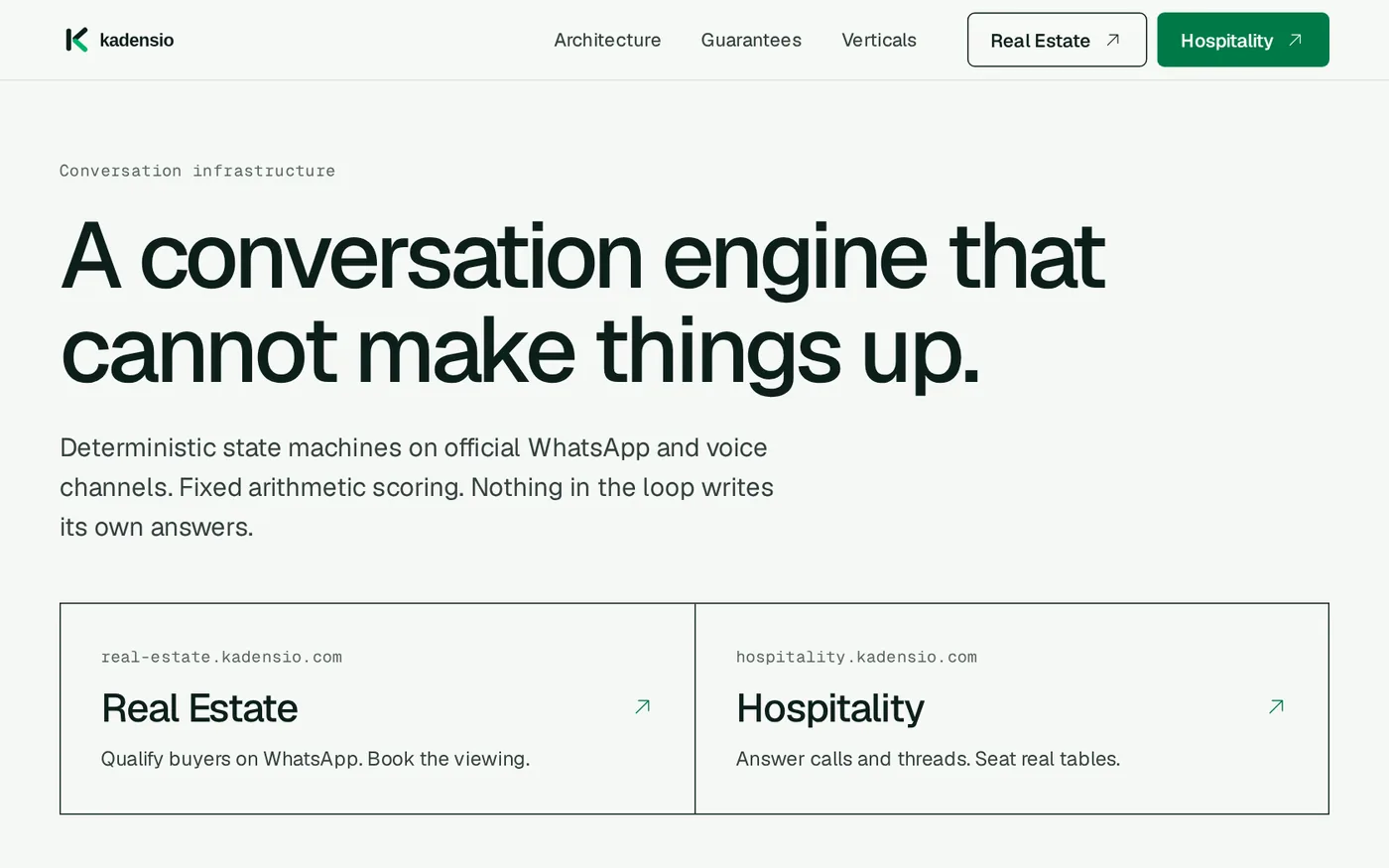 Kadensio homepage: a conversation engine for WhatsApp